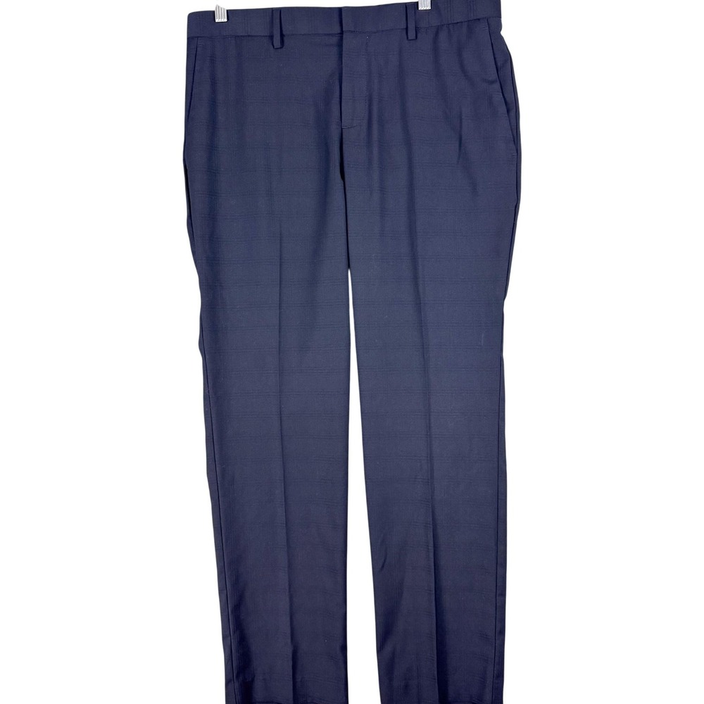 Perry Ellis Portfolio Dress Pants Mens 35x30 Blue Plaid Slim Travel Luxe NEW NWT